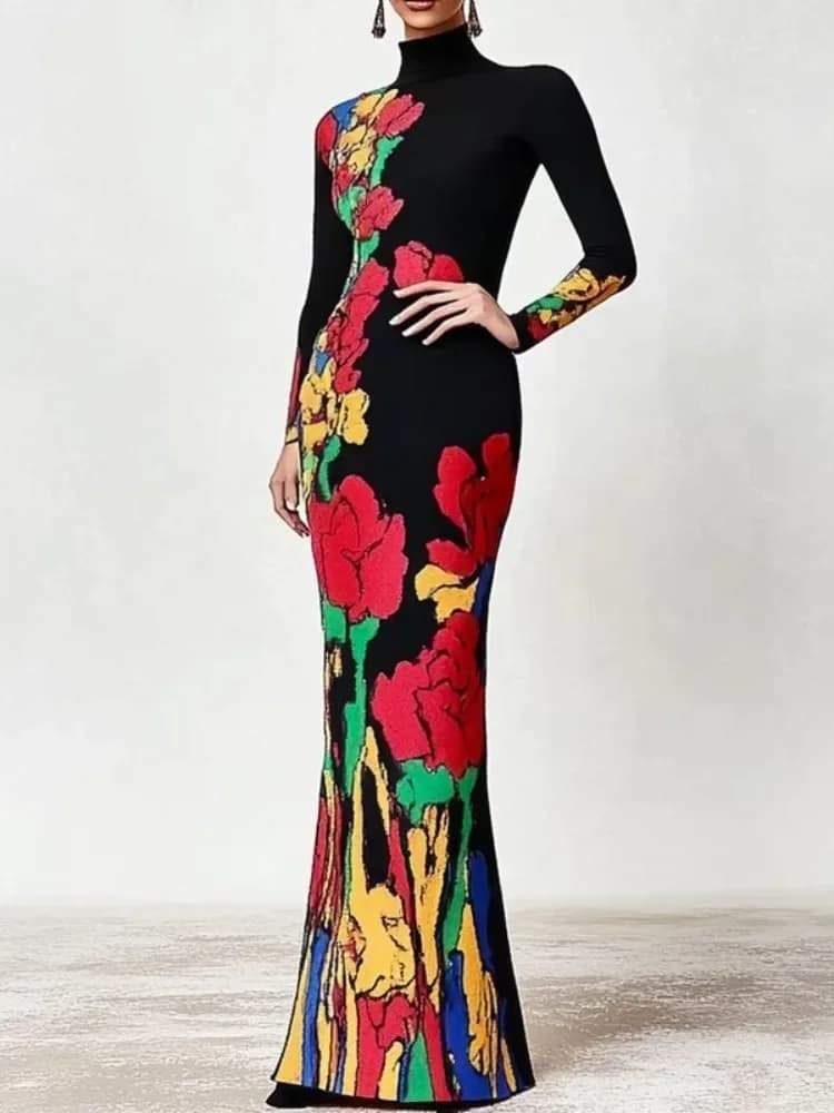 Yeezzi Vintage Elegant Multi-Colored Floral Printed Evening Dresses Women 2025 New Long Sleeves High Neck X-shape Party Dress