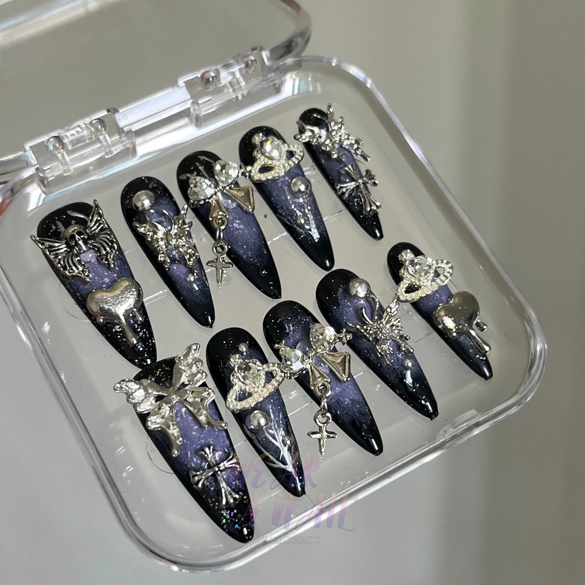 10pcs Handmade Press on Nails Blue 3D Butterfly Y2k Cool Girls False Nails Wearable Heavy Metal Crystal Decor Almond Charm Nails
