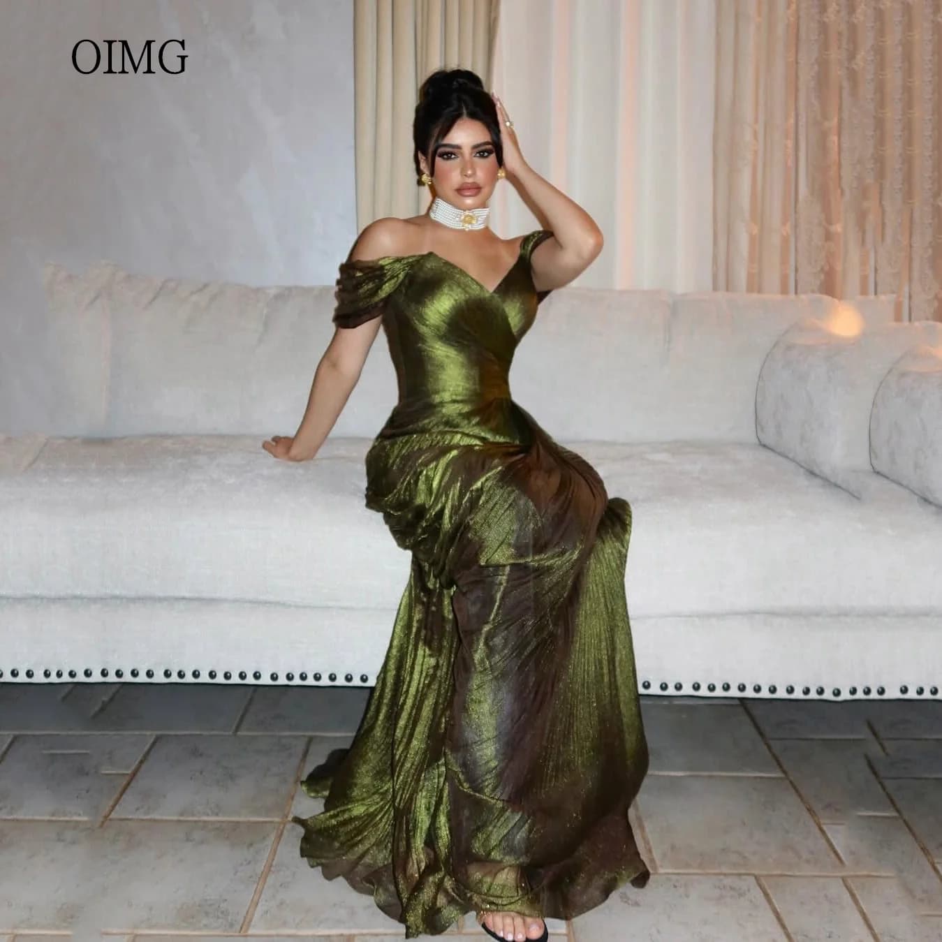 OIMG Shimmery Green Mermaid Prom Gowns Off The Shoulder Formal Party Gown Side Slit Floor Length Evening Dress Customized