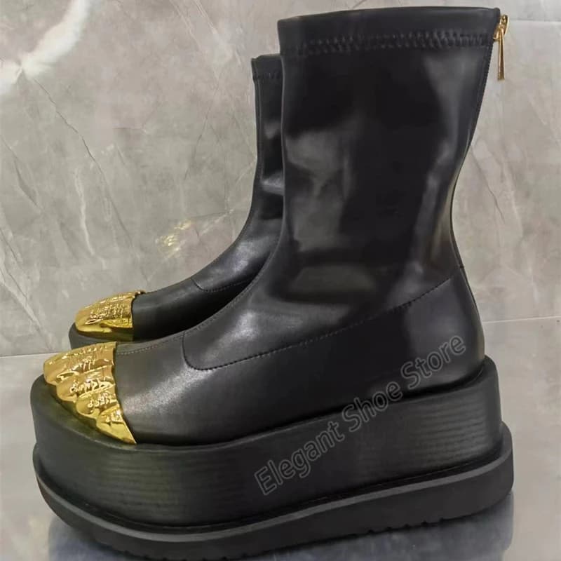 Thick Soled Golden Finger Short Boots for Women Metal Decor Leather High Heels Autumn Winter Fashion Chunky Platform Calf Boots