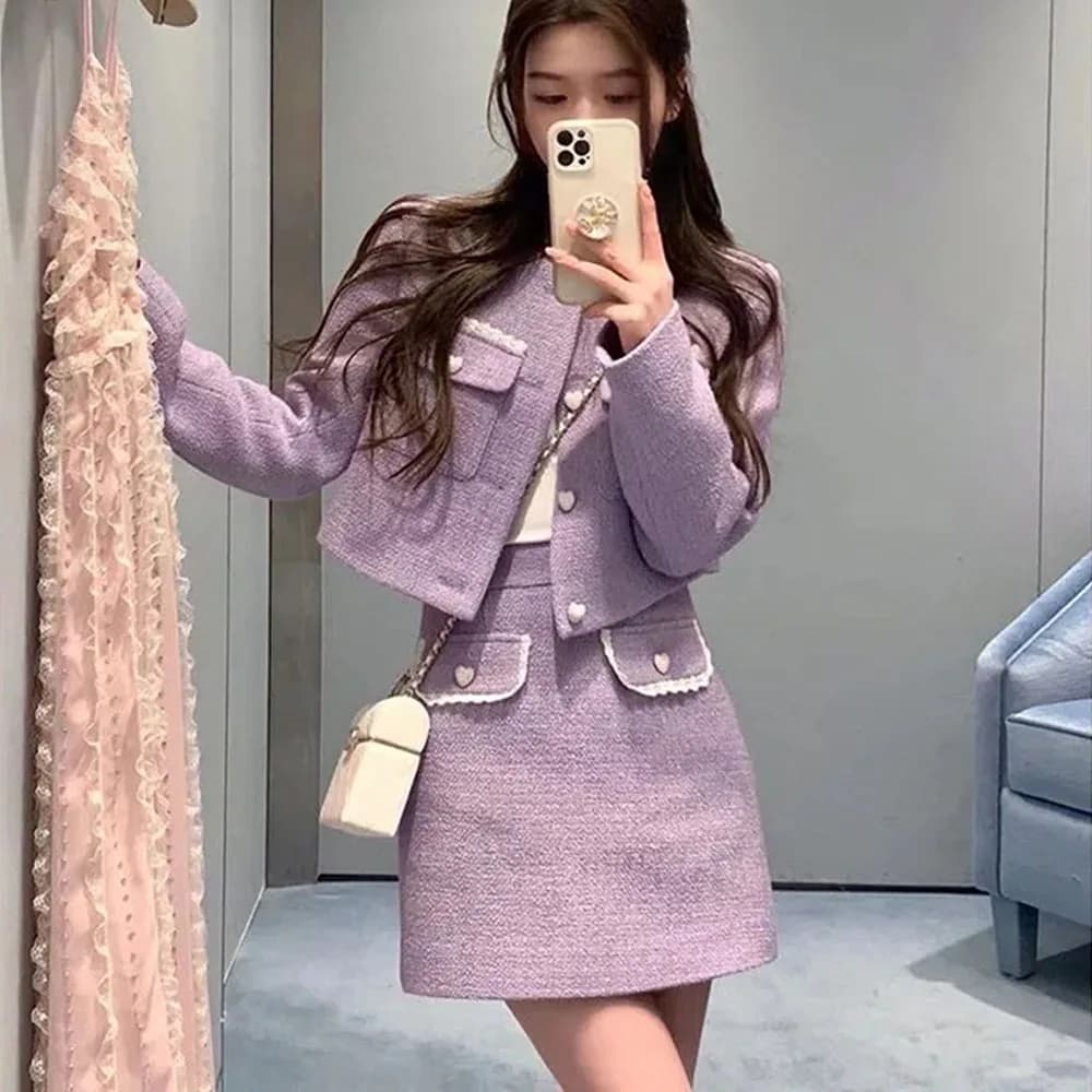 High Quality Jacket Skirt Two Piece Set Women Short O-neck Coat + High Waist Mini Skirt Suits Korean Fashion Sweet 2 Piece Sets