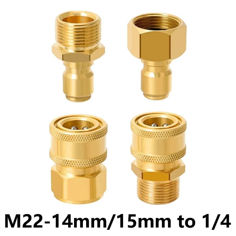 Brass M22-14mm/15mm to 1/4 Inch Pressure Washer Adapter Set Quick connection & Disconnect for Power Washer Hose Pump 5000 PSI