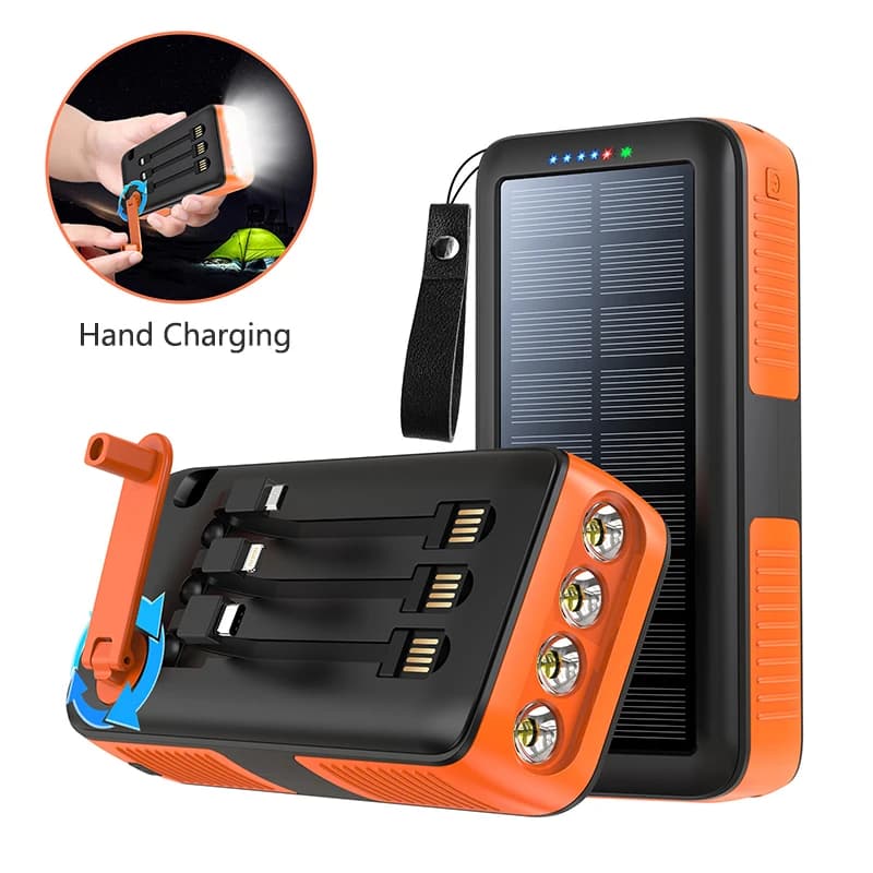 Hand Crank Solar Power Bank 30000mAh USB Fast Charging Poverbank Built 4 Cable Camping Light for iPhone Samsung Xiaomi Powerbank