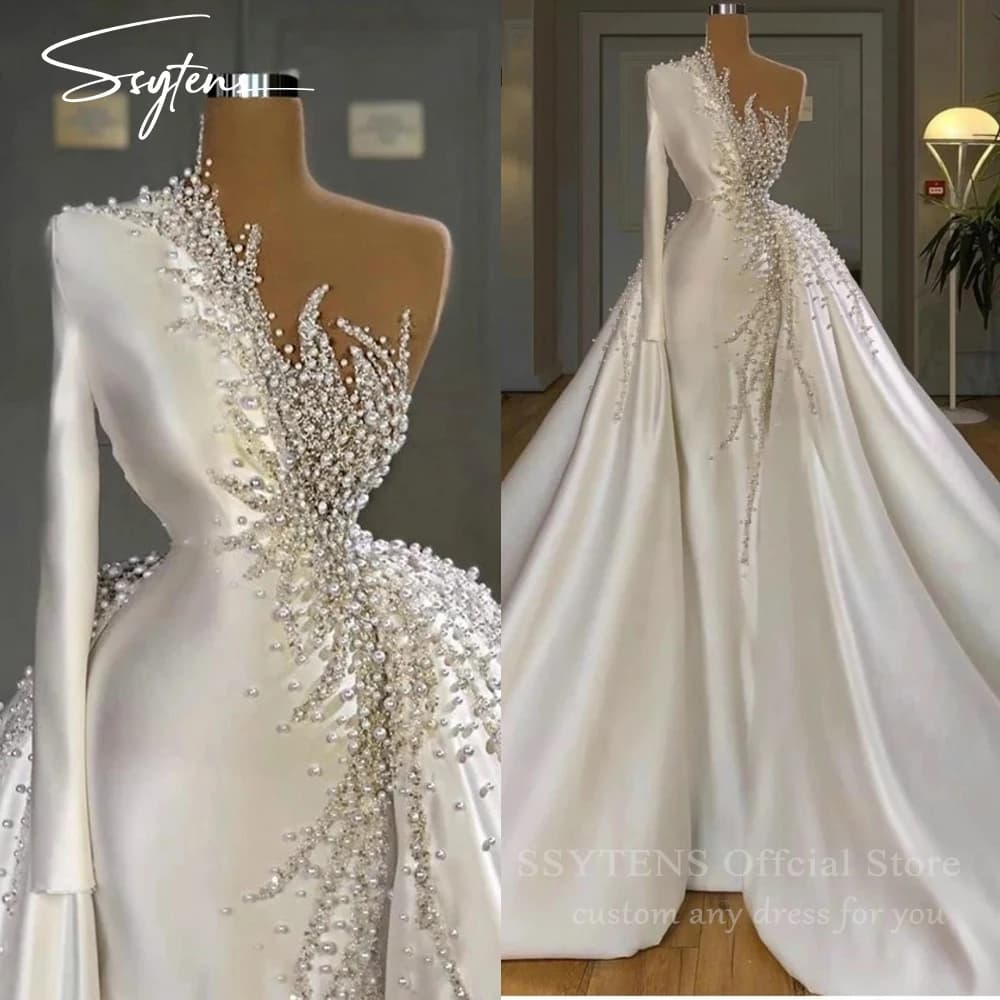 Luxury Wedding Dresses 2025 Women Occasion Bridal Gowns Customized Long Sleeve Beaded One Shoulder Dubai Arabic Bride Dress