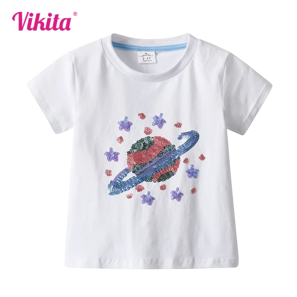 VIKITA Kids Short Sleeve Summer White T Shirts Girls Cosmos Star Sequins Appliqued Cotton Casual Tops and Tees Children Clothing