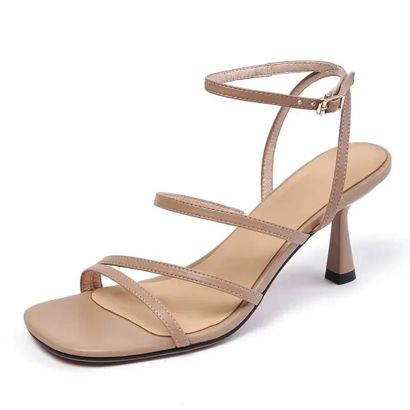 2025 New Trend Ankle Strap Sandals Summer Women Sexy Party Ladies Open Toe High Heels Woman Beige Apricot One Word Buckle Sandal