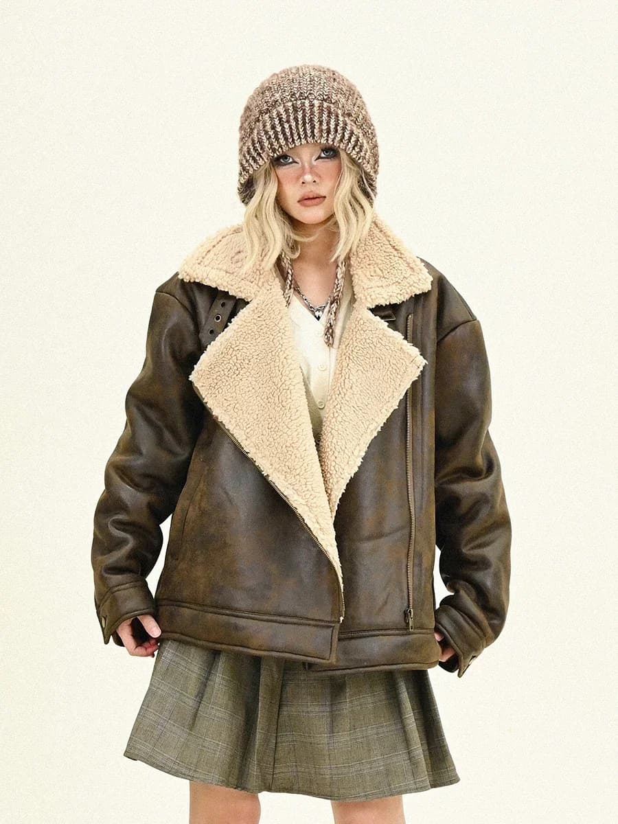 Design Zipper PU Leather Coats Women's Winter 2024 New Loose Bf Street Retro Thickened Jacket