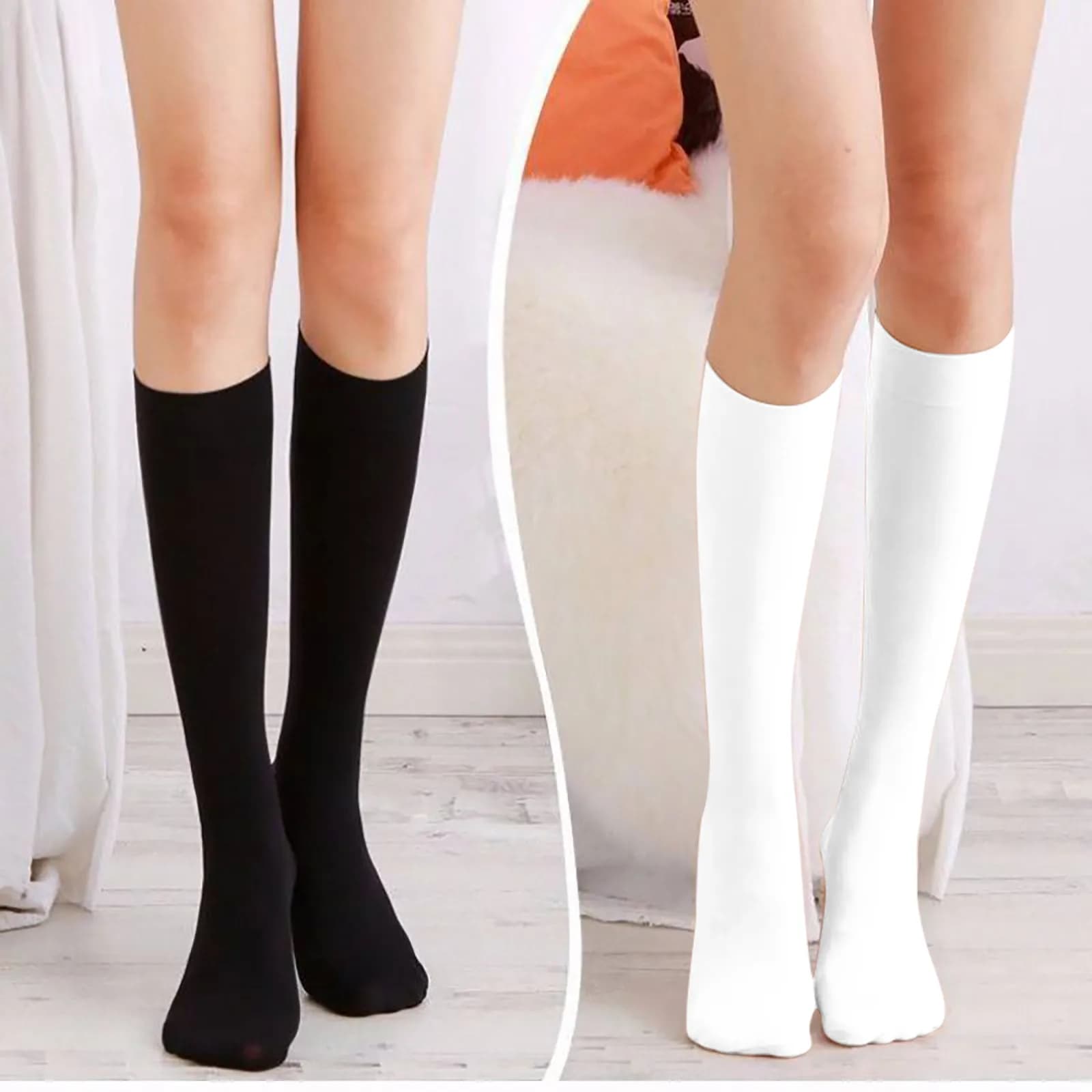 Women Soft Knee High Stockings Black White Long Socks Non-Smelly Stockings For Ladies Girls Warm Knee Socks Calcetines