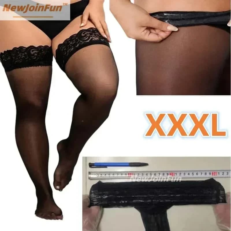 FREEAUCE Women Plus Large Size Lace Stockings Oversized Black Over Knee Stocking XXXL Thigh High Sheer Fishnets White Long Socks