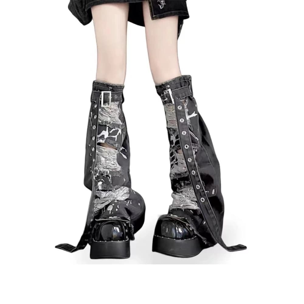 Fashion Buckle Belt Leg Warmers Vintage Street Y2K Black Grey Hole Breaking Denim Stockings Loose Japanese Knee-high Long Sock