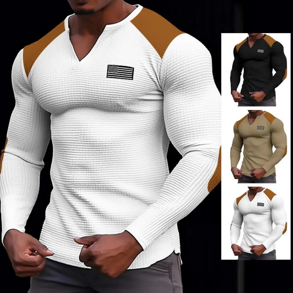 Slim Fit V-neck Shirt for Men Men's Slim Fit Patchwork Waffle Texture V Neck Top for Fall Spring Long Sleeves Color Matching