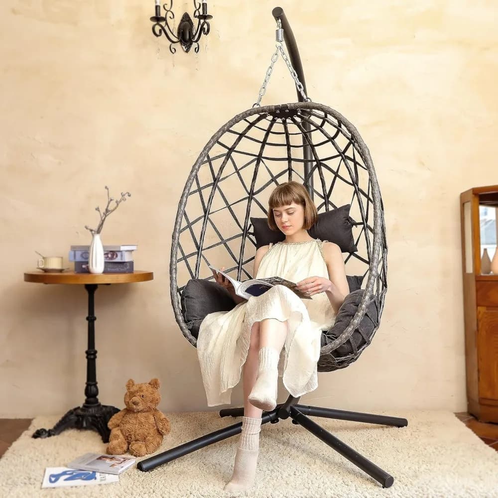 Egg Swing Chair with Stand, Outdoor Patio Hanging Egg Chair, Indoor Hammock Chair with Cushion for Garden Backyard