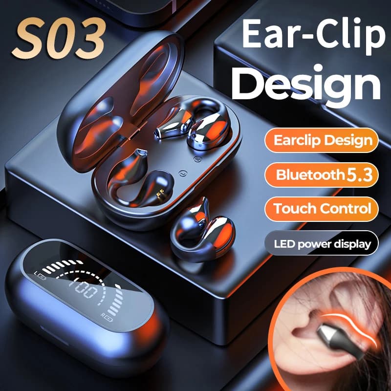 Original S03 TWS Wireless Earphones HIFI Heavy Bass Ear-Clip Earring Surround Stereo Bluetooth 5.3 Headset For Game Sports Music