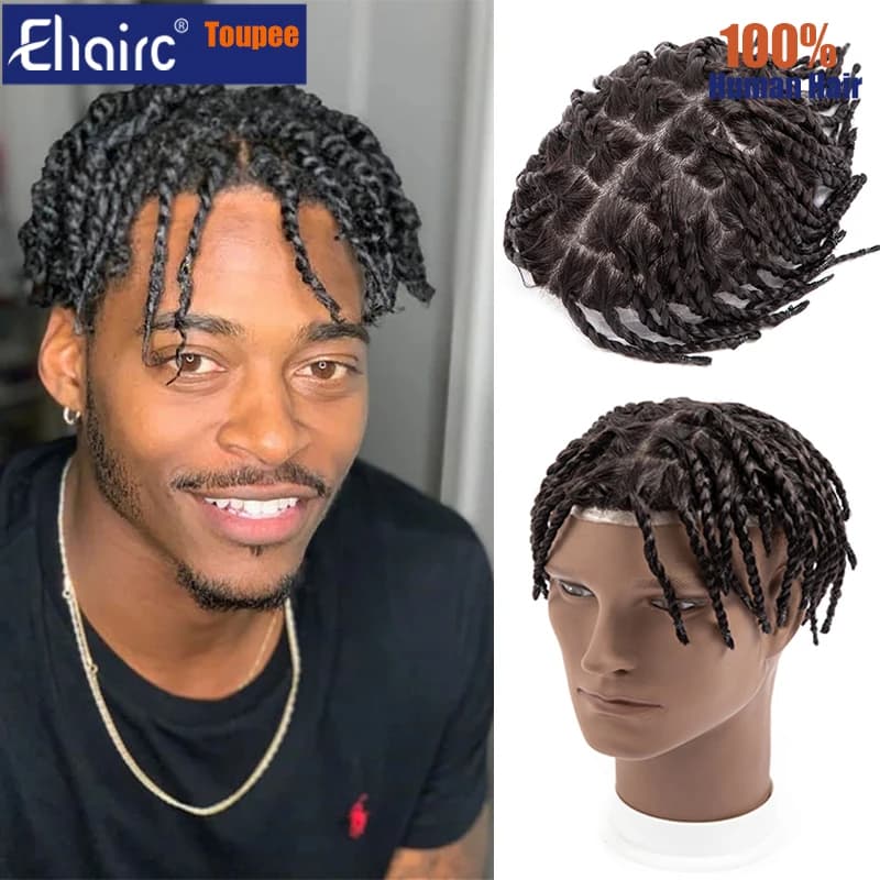 Twist Braids Men's capillary prothesis for Black Men 6" Injected PU Afro Toupee 100% Human Hair Men Wigs For Men Curls Beautiful
