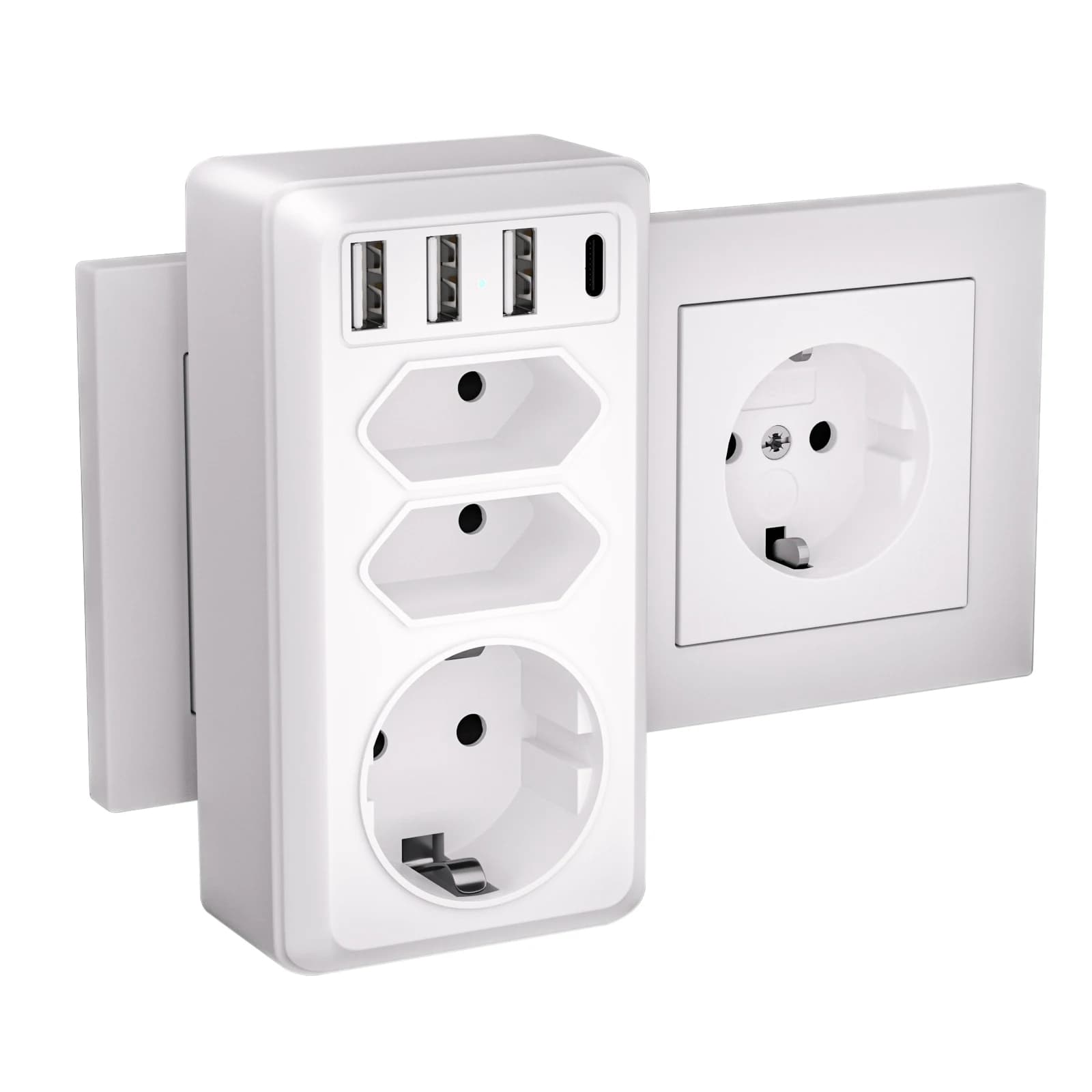 Wall socket converter EU standard, 240V 16A with 3 AC outlets 3 USB ports 1 TypeC switching control Power Plug Adapter Extender
