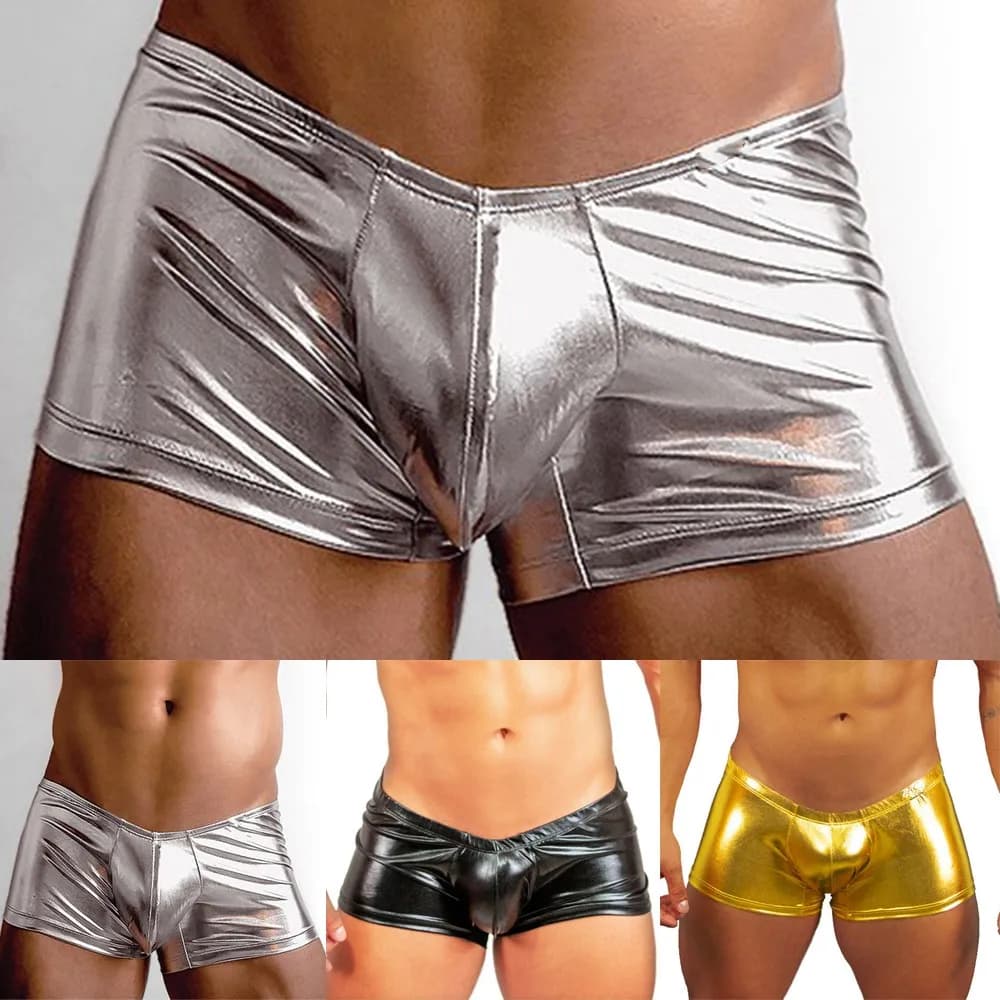 Men Sexy Leather Underwear Oil Shiny Low Rise Briefs Male Swim Trunk Tight Bandage Underpant M~3XL