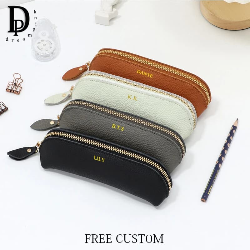 Genuine Leather Custom Intials Pencil Case Business Student Pen Holder Engrave Name Stationery Storage Bag Luxury Pen Case Gift