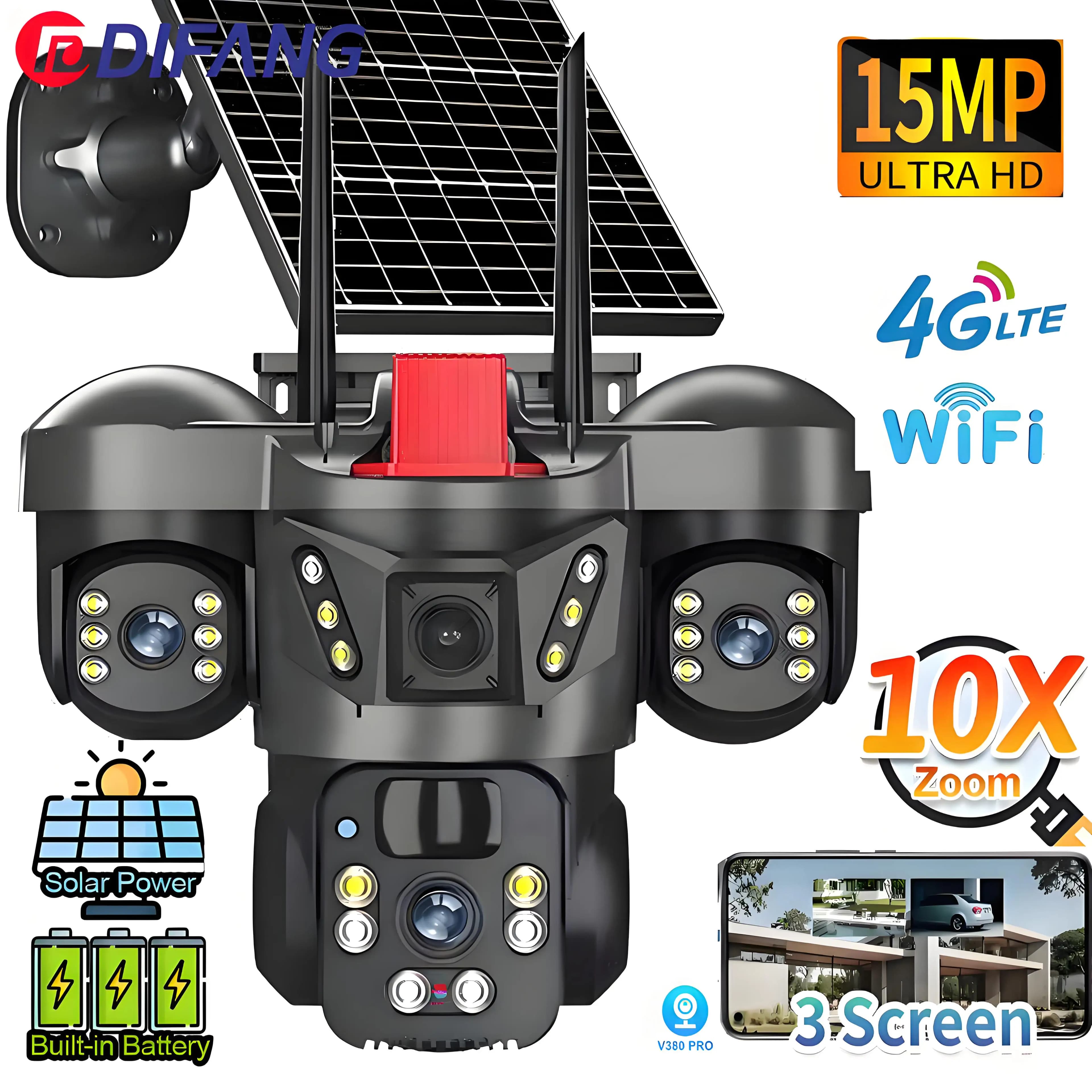 8K 15MP Wireless WiFi Solar Camera Three Lens Three Screen 4G Sim Card Solar Cam Human Detection Outdoor Solar Surveillance V380