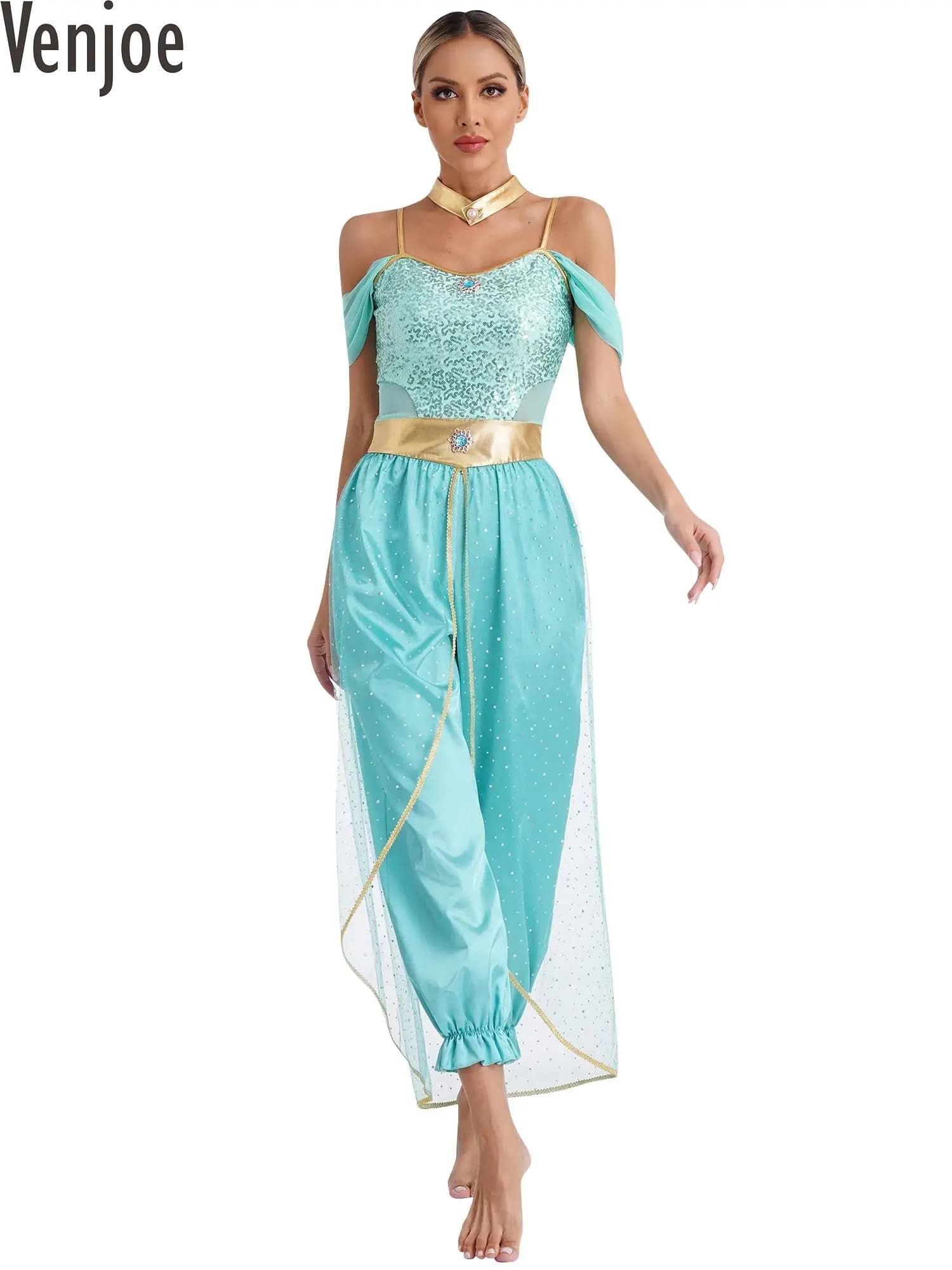 Womens Belly Dance Costume Carnival Festival Arabian Princess Cospaly Costumes Romper with Metallic Shiny Choker for Halloween