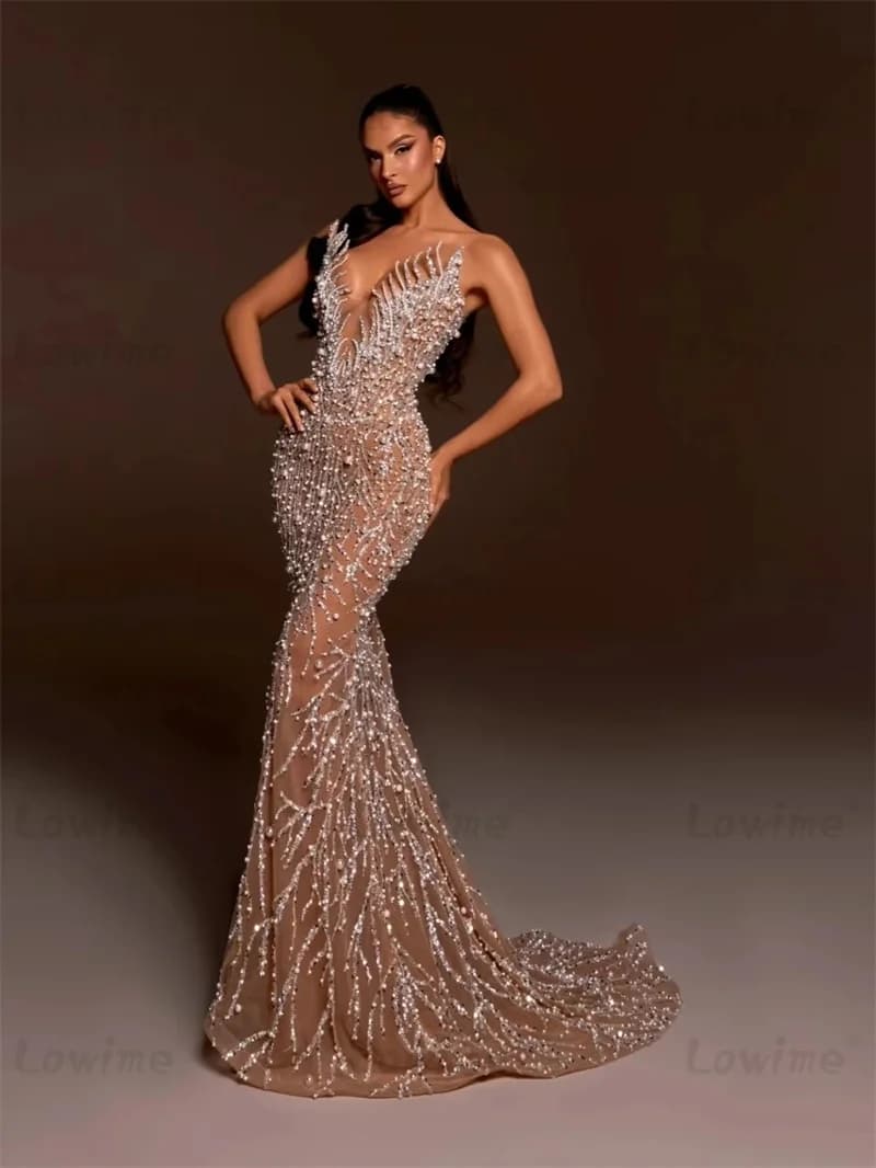 2025 Customized Mermaid Prom Dresses Long Pearl Dress Sequins Beaded Women Evening Dress Robes De Soiree Wedding Party Gowns