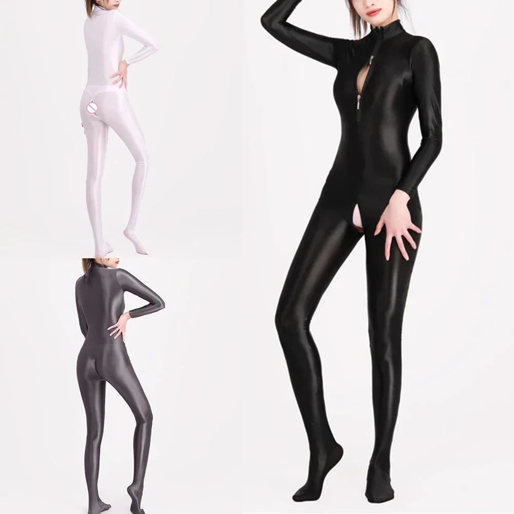 Women Oily Glossy Long Sleeve Elastic Bodysuit Full Body Tights Crotchless Silky Bodystocking Nightwear