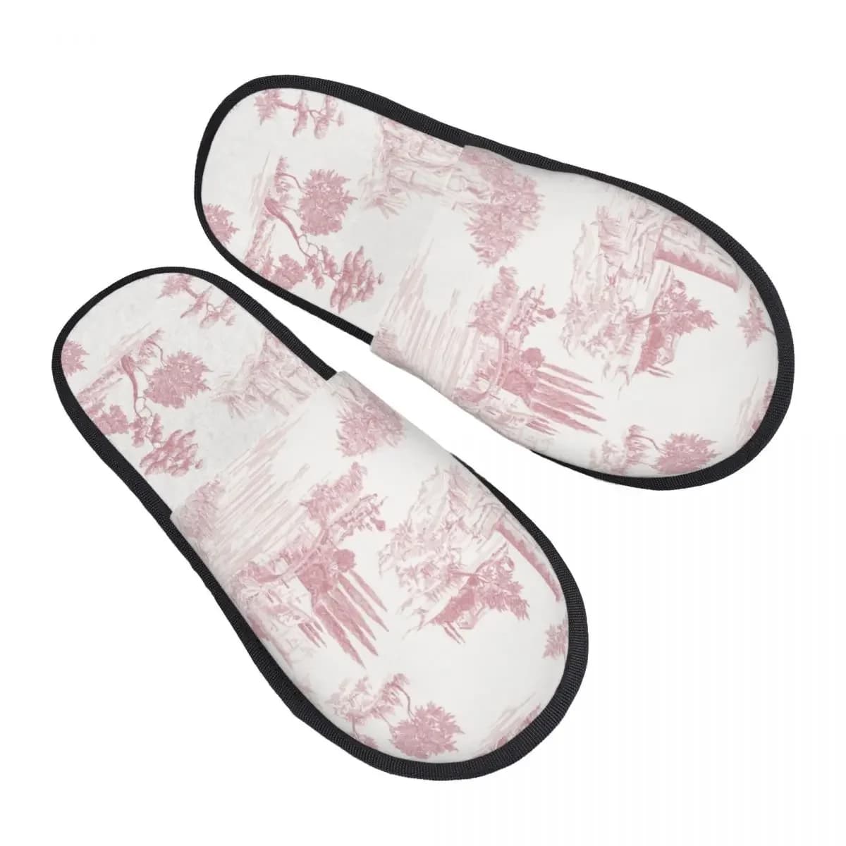 Vintage Toile De Jouy Comfort Scuff With Memory Foam Slippers Women Blush Pink White Hotel House Shoes