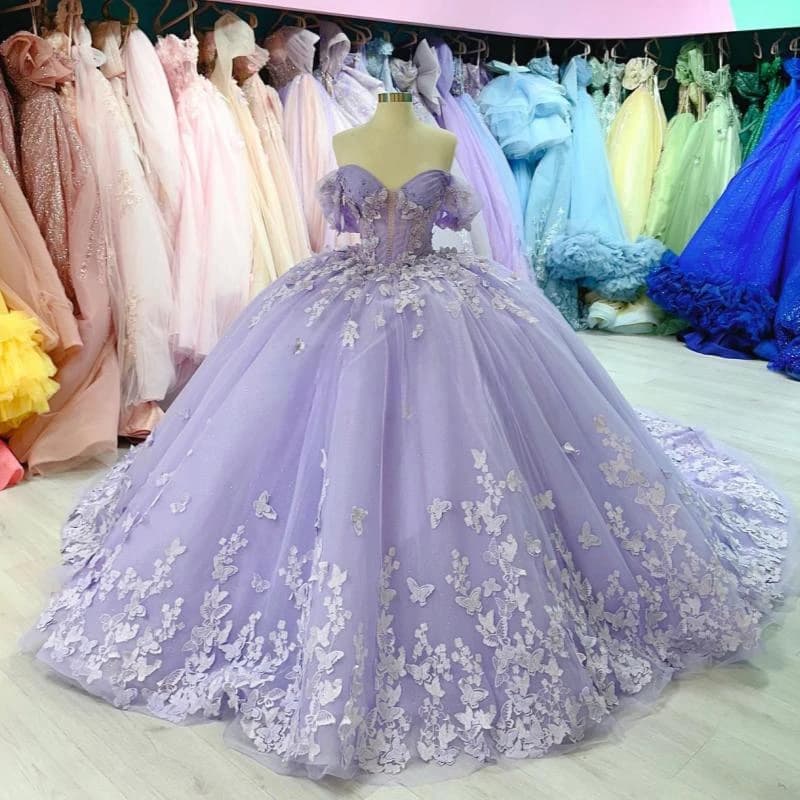 Lilac Quinceanera Dresses Ball Gown Off The Shoulder Bow Beading Crystal Tull Party Birthday Sweet 16 Dress Vestidos De XV 15