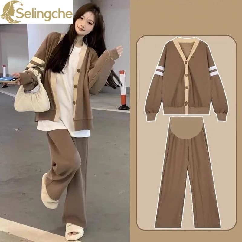 Striped Patchwork Long Sleeved Knitted Sweater Cardigan Casual Wide Leg Pants Two-piece Set Fashionable Women's Pants Set