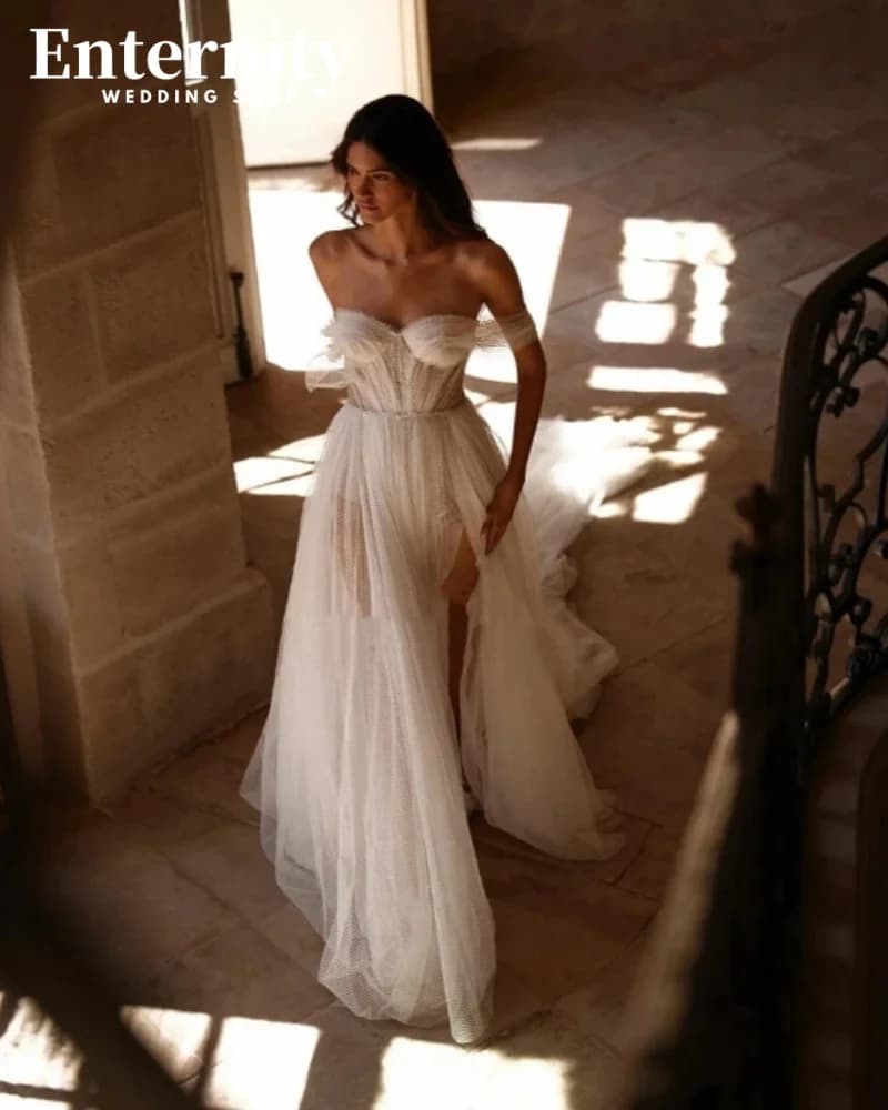 Customized Wedding Dresses Sweetheart For Strapless Women Charming Simple Tulle Bridal Gowns Side Slit Vestidos De Novia