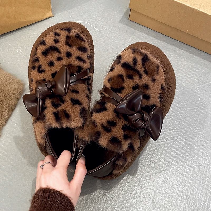 Winter New Flat Snow Boots Women's Round Head Deep Mouth Butterfly Knot Leopard Print Thick Sole Non-slip Cotton Shoes
