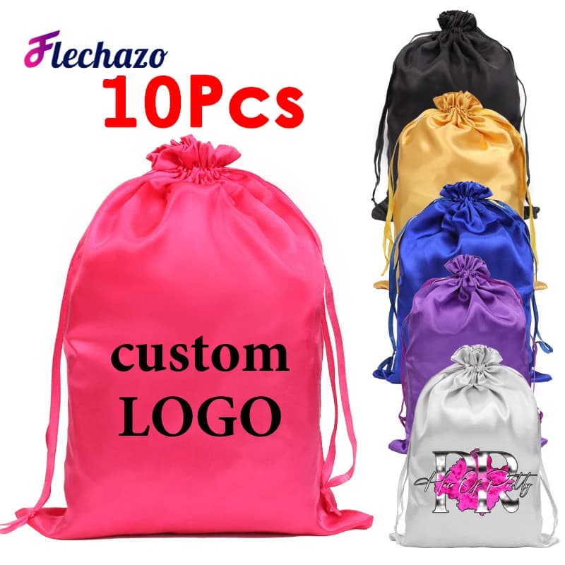 Satin Wig Bag Private Logo 10Pcs Wig Packaging Bags For Business Hair Extensions Bag With Logo Drawstring Wig Bags Wholesale