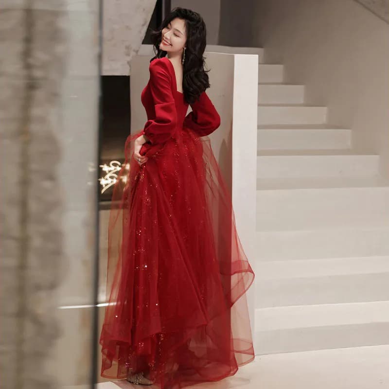 Bride Elegant Burgundy Square Neck Wedding Dress Party Long Sleeve Prom Dress Toast Gown