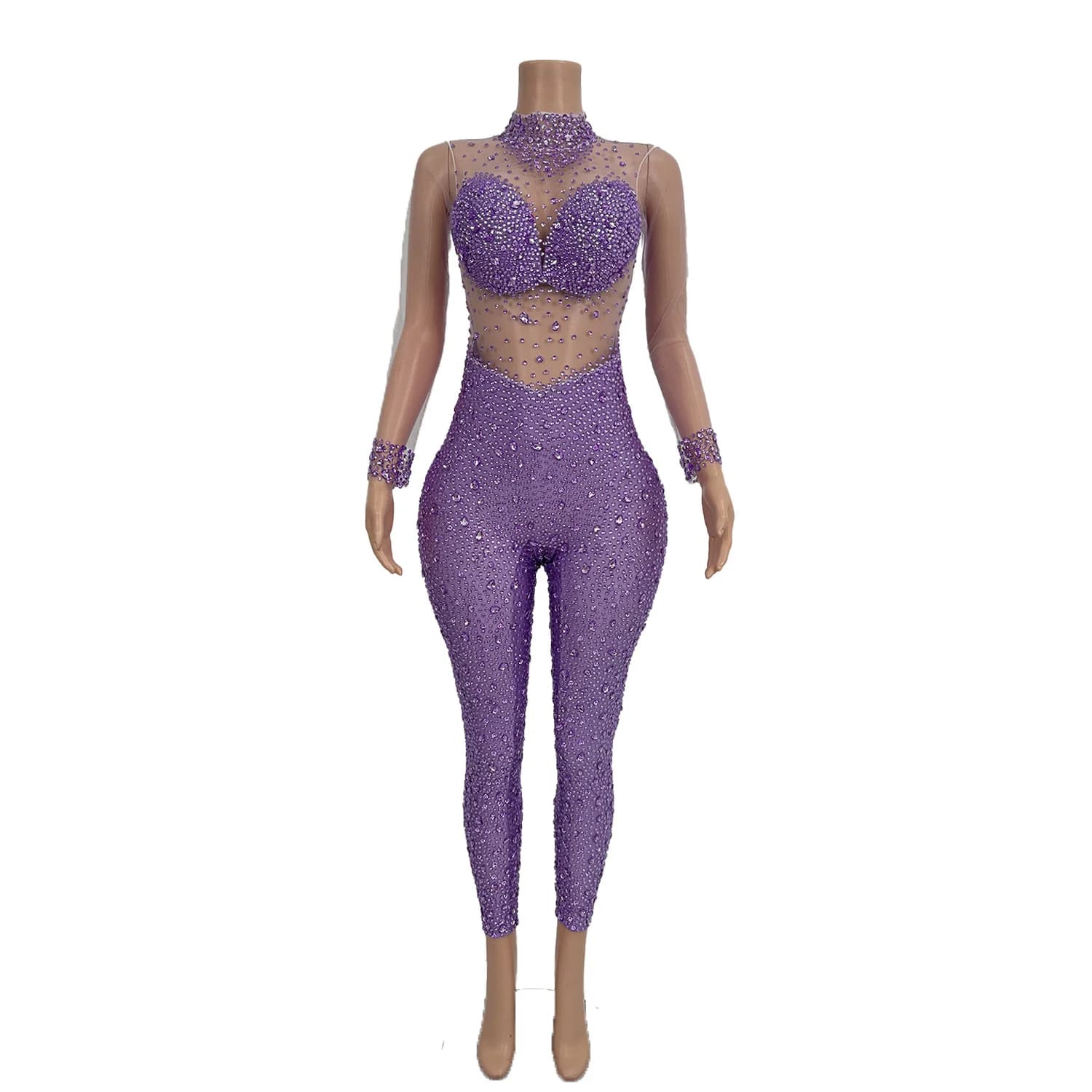 Autumn New Jumpsuit Sexy Mesh Purple Rhinestone Sports Pants Singers Dancers Idols Stage Performances Big Size Women Clothing WS
