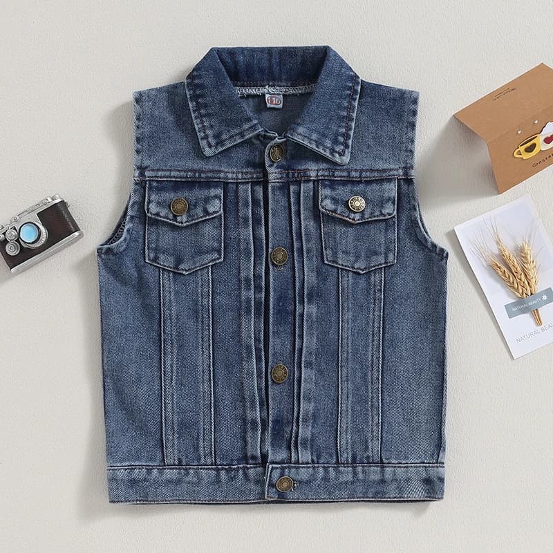 Fashion Kids Denim Vest Jacket Sleeveless Turn-down Collar Button Closure Casual Jacket for Girls Boys 3-7 Years