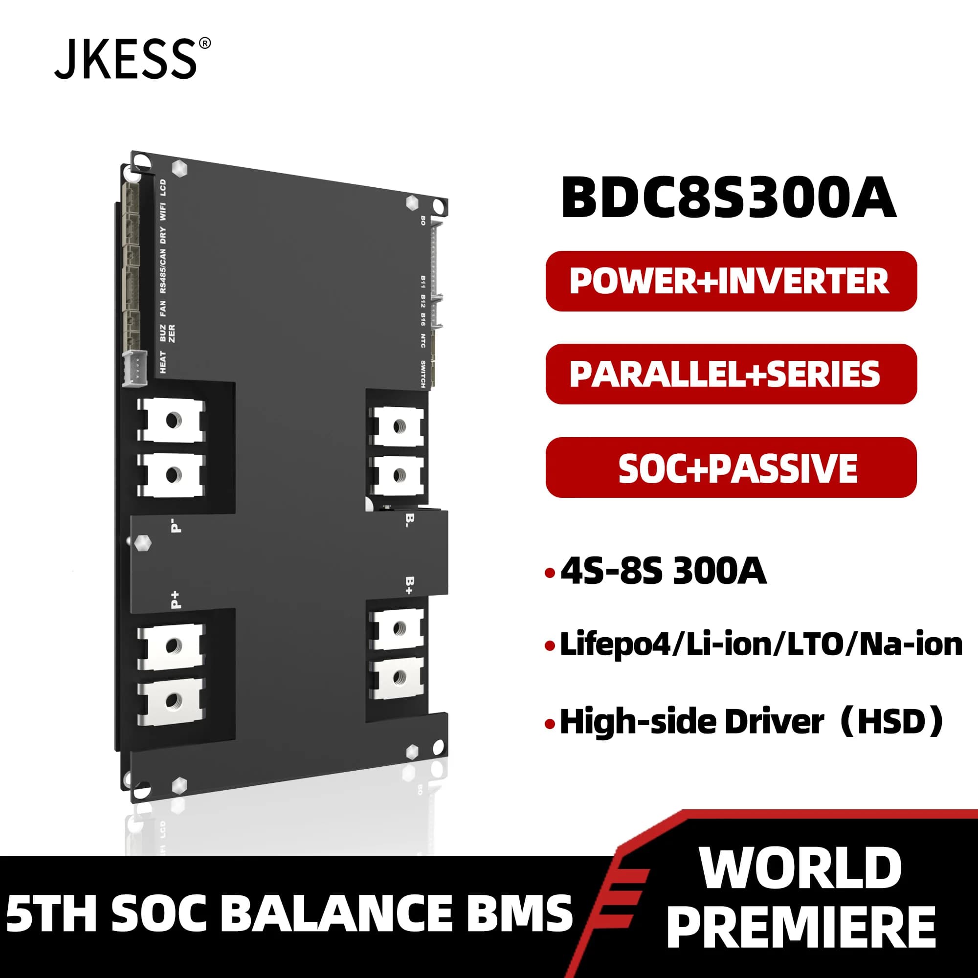 JKESS Soc Balance BMS Lifepo4 LTO Lion 4S 5S 6S 8S 300A 12V 24V Power Inverter BMS Parallel Series RS485 HEAT CAN for Home Solar