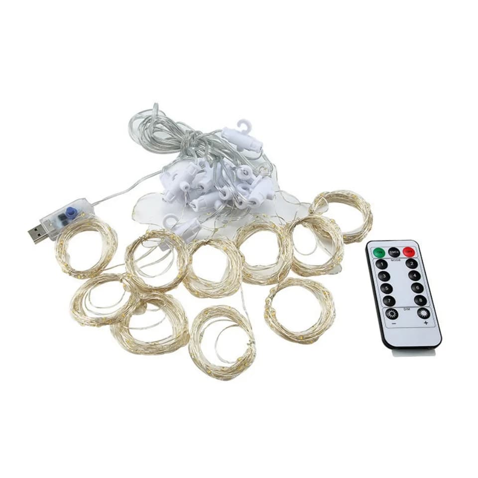 1 Set of USB Curtain Lights – 200 Led, 3X2M, Remote-Controlled with 8 Lighting Options (Color)
