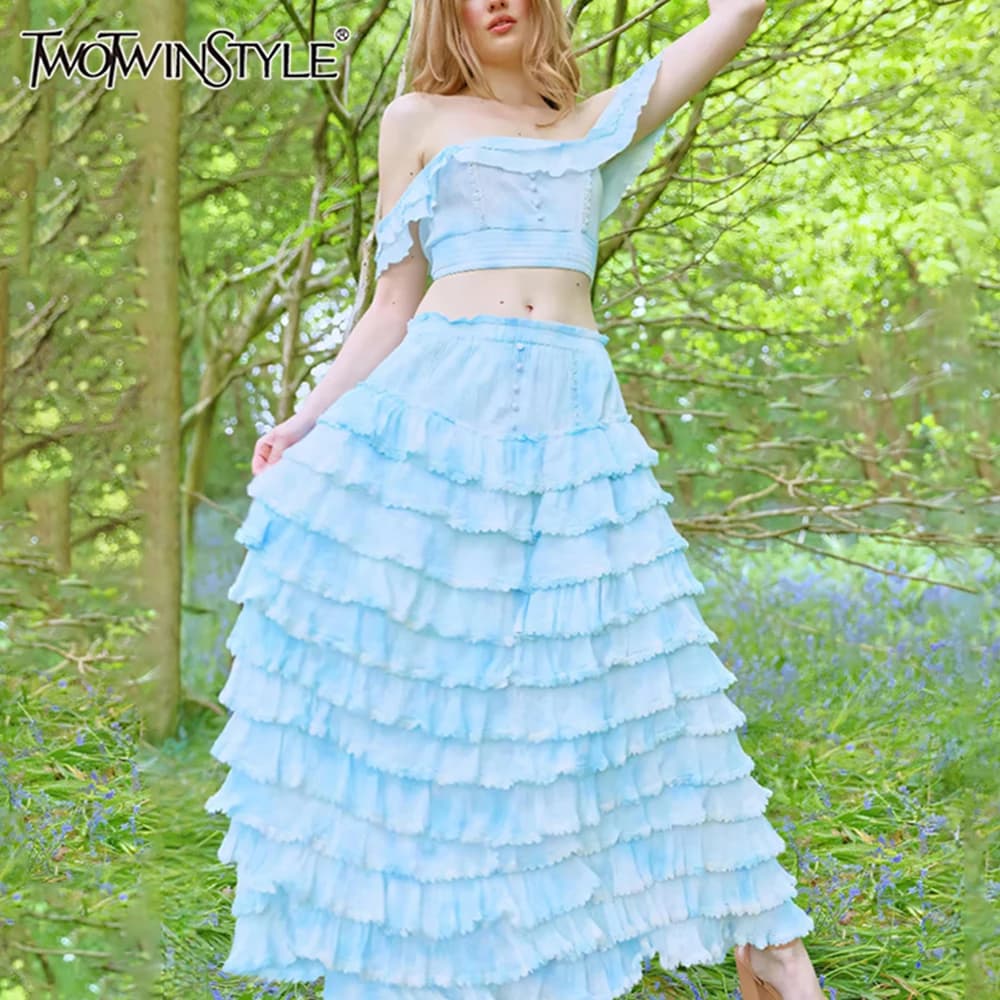 TWOTWINSTYLE Patchwork Ruffles Two Piece Sets For Women Square Collar Sleeveless Top High Waist Loose Skirt Solid Set Female New