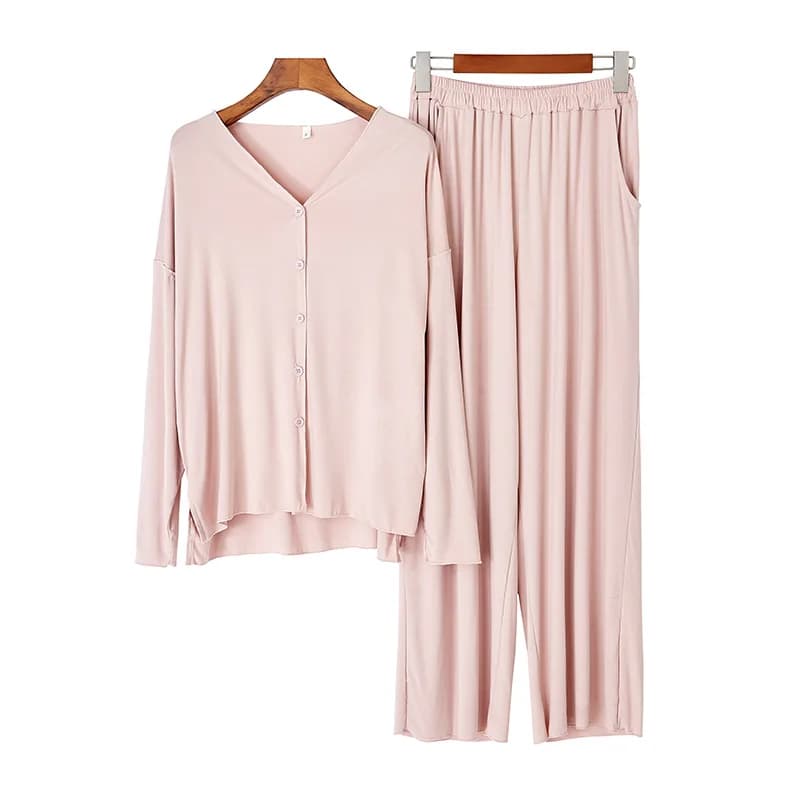 New Pajamas Set Women Solid Pink Sleepwear Pijamas Suit Spring Viscose Sleepwear Loungewear Loose Elastic Waist Home Clothes