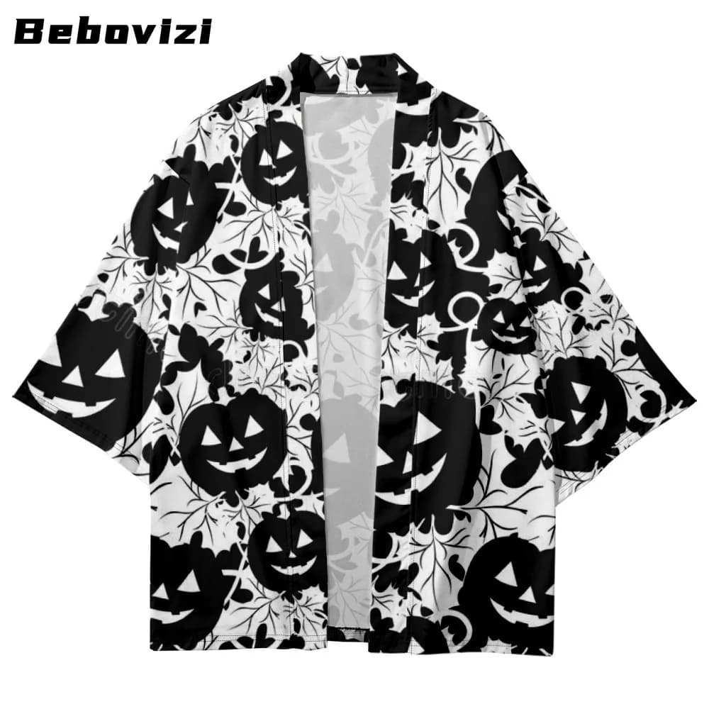 Plus Size 4XL 5XL 6XL Loose Women Men's Clothing Halloween Black Pumpkin Print Kimono Cardigan for Summer 2023