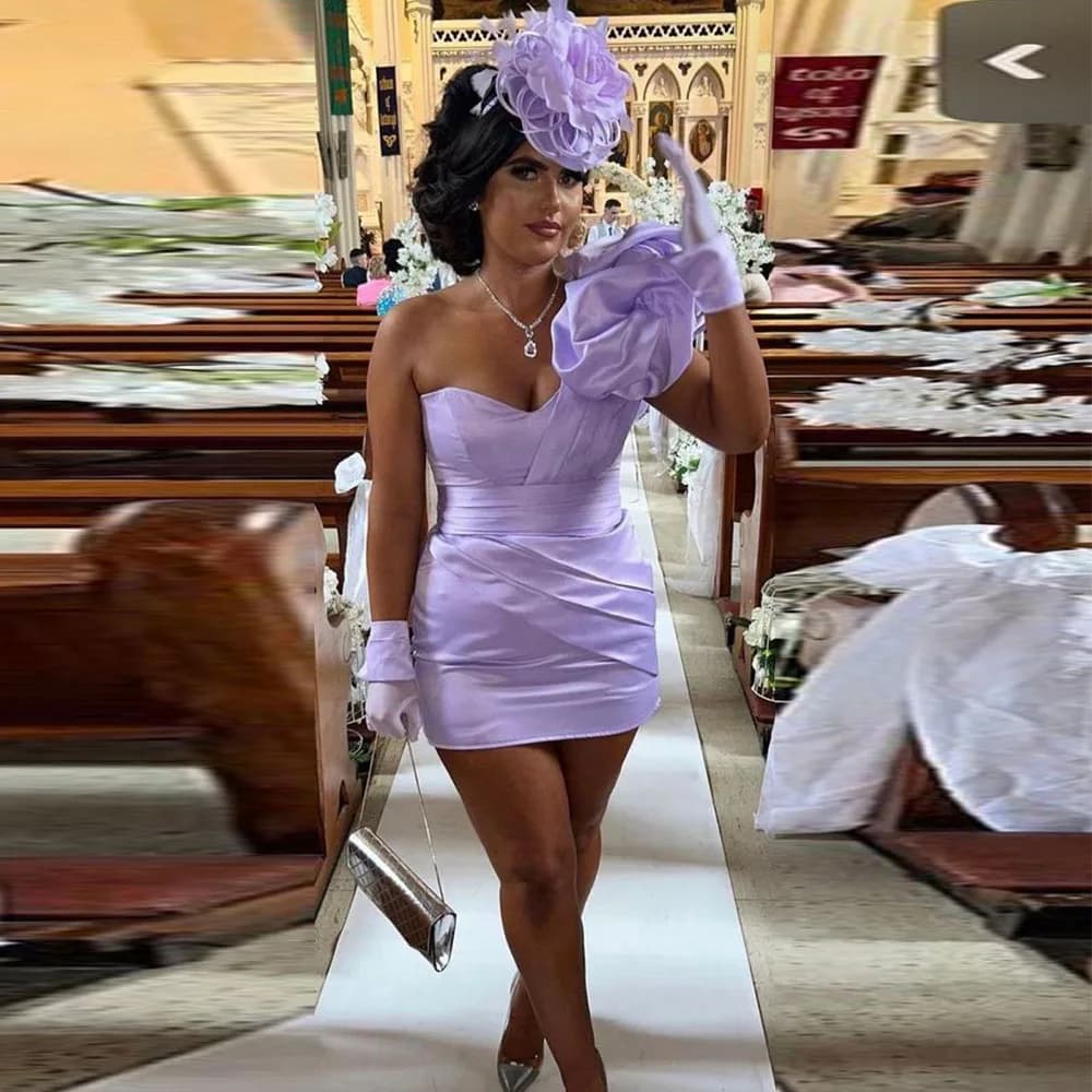 Modern Lilac Satin Cocktail Dress Mini Short One Shoulder Cocktail Gown for Women Sheath Pleat Sleeveless Party Gown