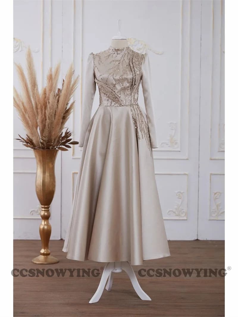 Champagne Satin Appliques Beaded Muslim Evening Dresses Hijab Long Sleeve Islamic Formal Party Gown Arabic Dubai Robe De Soiree