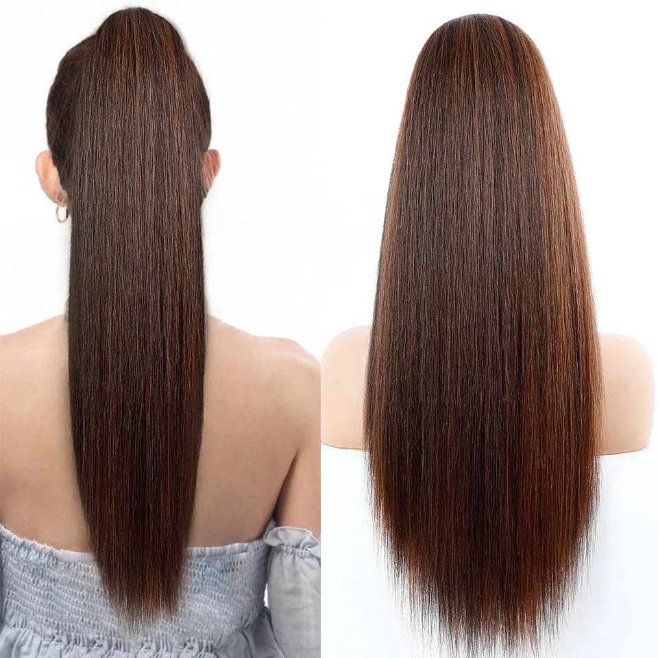Drawstring Blonde Ombre Ponytail Long Straight Clip in Ponytail Hair Extension Synthetic Natural Hairpiece Pony Hair for Women