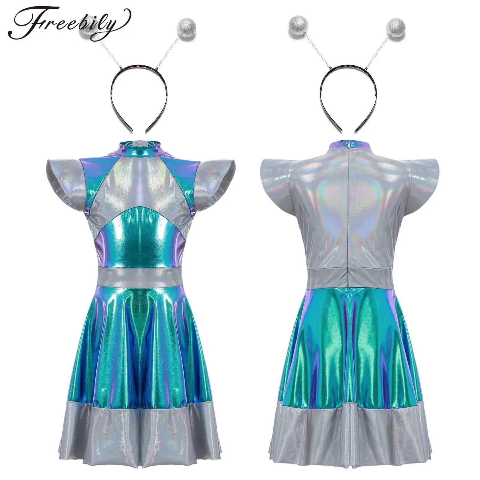 Kids Girls Halloween Alien Cosplay Costume Robot Astronaut Metallic Uniform Suit Carnival Roleplay Theme Party Fancy Dress Up