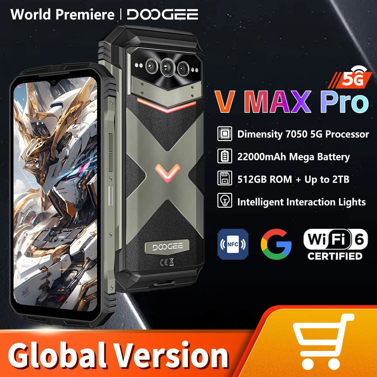DOOGEE V MAX PRO Rugged Smartphone Dimensity 7050 5G 6.58" IPS Screen12GB RAM 512GB ROM 22000mAH 108MP AI Camera Android 14 NFC