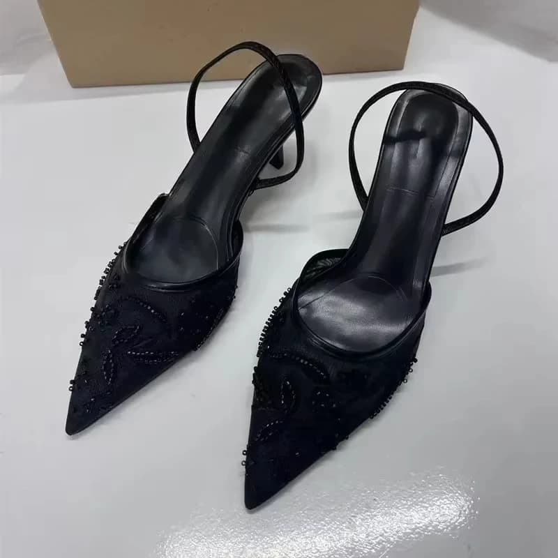 2025 New Black Woman Embroidered Mesh Open Heel Shoes Fashion Print Stiletto Women High-heel Pumps Sexy Pointed End Sandals