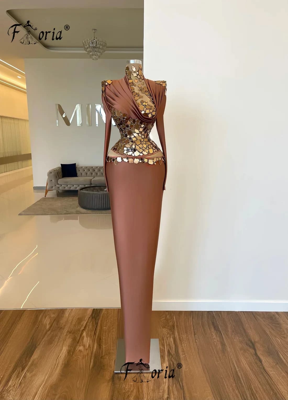 Custom Made Dubai Long Sleeves Formal Occasion Dress Crystals High Neck Floor Length Evening Party Gowns Prom Dresses Vestidos