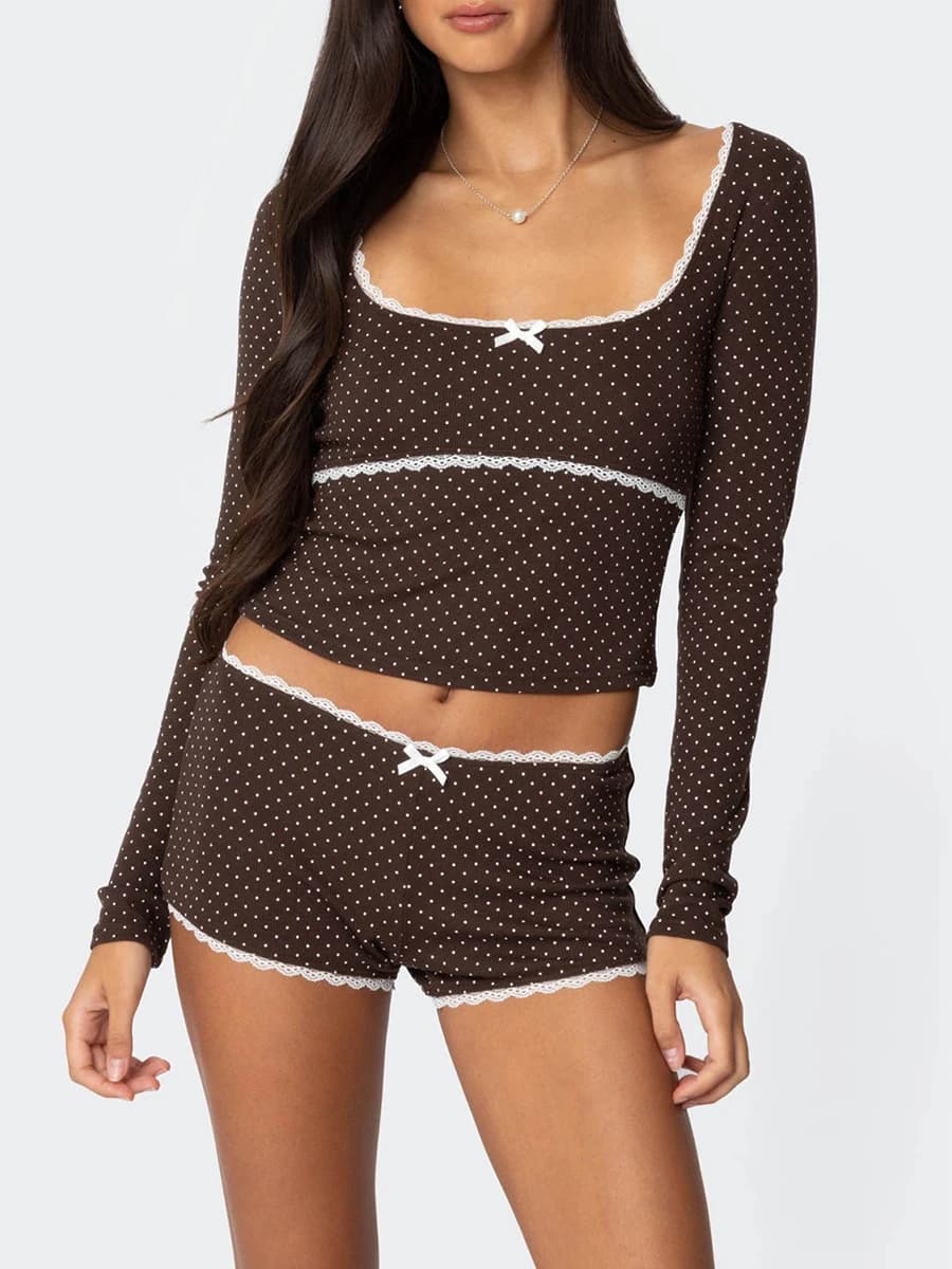 Women's 2 Pieces Lounge Set Autumn Long Sleeve Square Neck Lace Trim Dot Print Pullover Tops Elastic Shorts Sleepwear Loungewear
