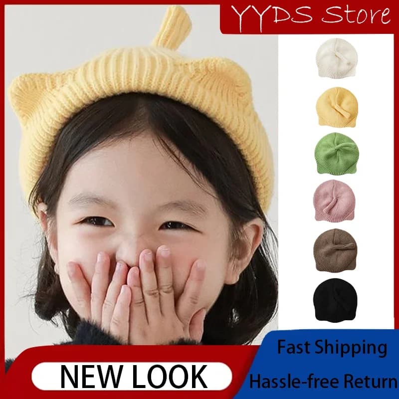 Children's Knitted Beret Solid Colour Cat Ears Tail Wool Cap Autumn and Winter Baby Painter Hat