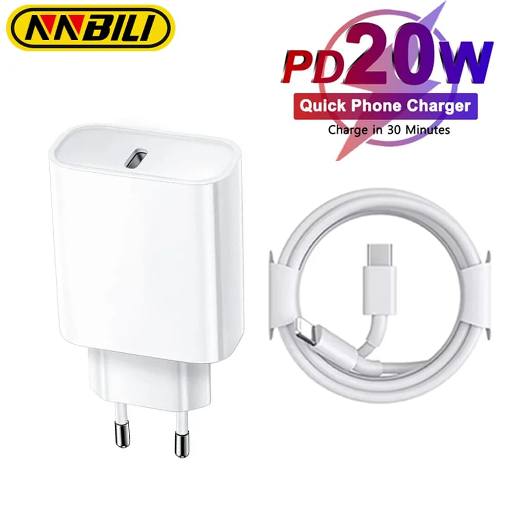 NNBILI 20W PD Fast EU Desktop Charger Wall Charger for IPhone 11 12 13 14 Pro Max Super Rapid Charging USB C PD Cable 1m 1.5m 2m