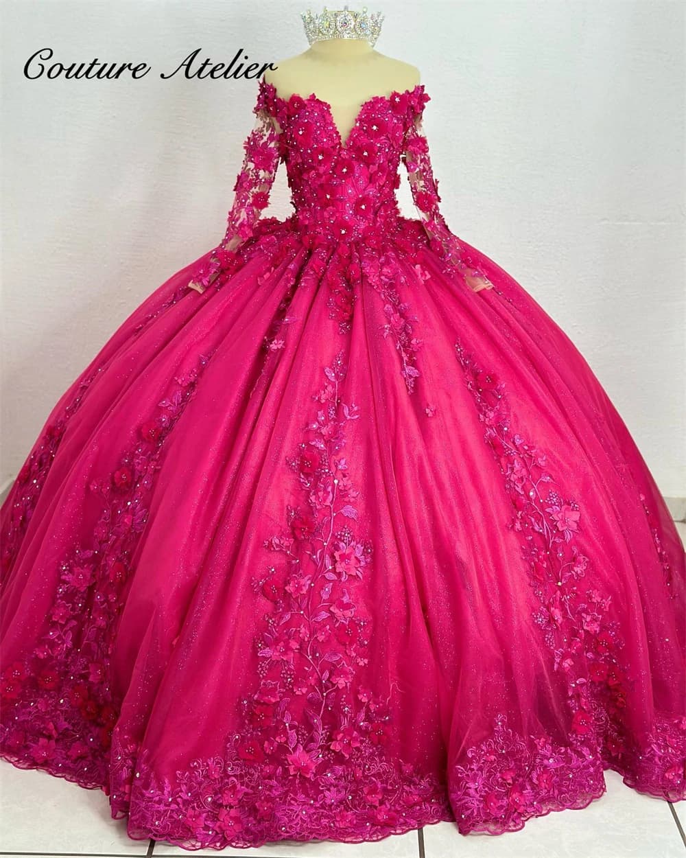 Dark Pink 3D Flowers Three Quarter Sleeve Luxury Quinceanera Dress 2024 Ball Gown Charro Mexican Dress vestido de 15 Customized